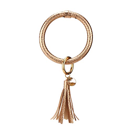 Product Cover YOUNG-X Wristlet Leather Bracelet Key Ring Bangle Keyring,Tassel Ring Circle Key Ring Keychain for Women Girls Handmde Gift? Free Your Hands (Python) (Gold)
