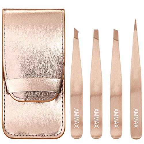 Product Cover Tweezers Set 4 piece, AMMAX Stainless Steel Slant Tip and Pointed Eyebrow Tweezer Set with PU Leather Pouch, Great Precision for Facial Hair, Ingrown Hair, Splinter and Tick Remover (Rose Gold)