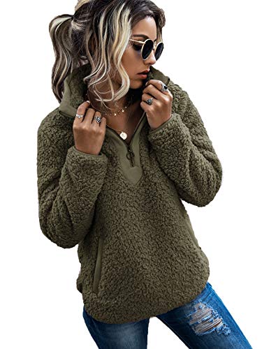 Product Cover Besshopie Fleece Zip Up Fuzzy Sherpa Pullover Sweatshirt Outerwear Coat for Women Pocket Army Green