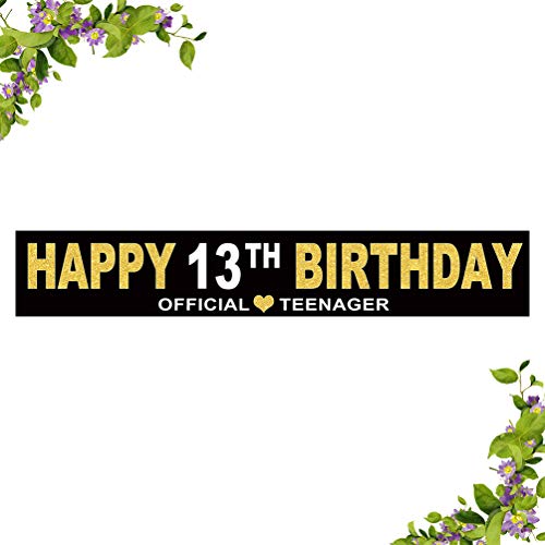 Product Cover Large Happy 13th Birthday Banner, Black and Gold Cheers to 13 Years Flag,Children's 13th Birthday Party Home Outdoor Decoration (9.8 x 1.6 feet)