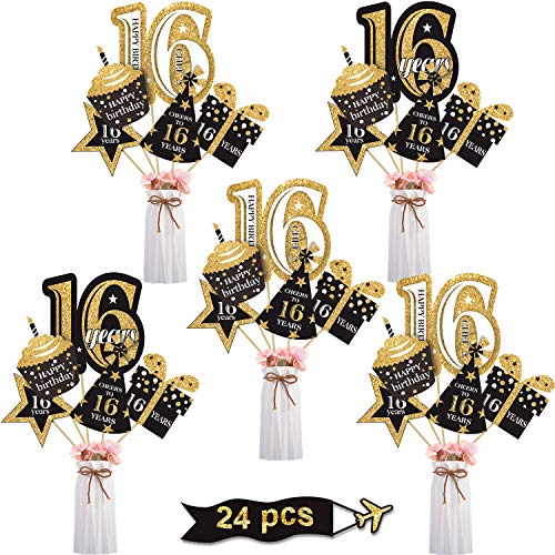 Product Cover Blulu Birthday Party Decoration Set Golden Birthday Party Centerpiece Sticks Glitter Table Toppers Party Supplies, 24 Pack (16th Birthday)