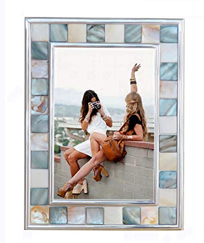 Product Cover GIFTME 5 Silver Plate Picture Frame 4x6 Mother of Pearl 4 by 6 Photo Frame Mosaic Glass Tabletop Frame (Grey+ White)