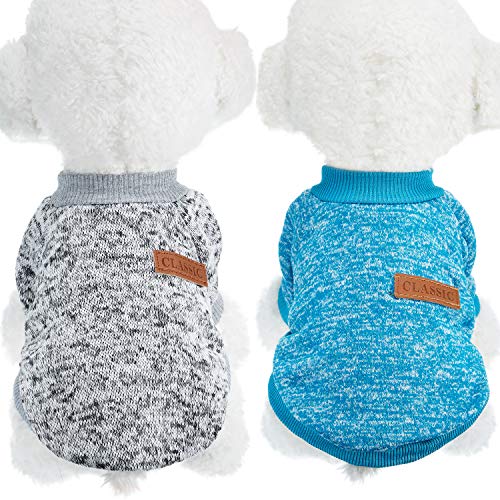 Product Cover SATINIOR 2 Pieces Pet Clothing Winter Puppy Classic Warm Coat Winter Puppy Sweater Puppy Knitwear Clothes (M, Grey, Blue)