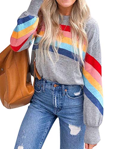 Product Cover Nlife Women Rainbow Striped Spliced Pullover Tops Colorful Casual Sweatshirts
