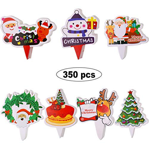 Product Cover 350 Pieces Christmas Cupcake Toppers Pick Set Cake Topper Decoration with Santa Claus Snowman Tree Reindeer Design for Christmas Cake Decoration Party Supplies Notebook, 7 Styles