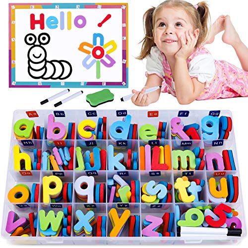 Product Cover 225PCS Magnetic Letters and Numbers for Kids with Double-Side Magnet Board and Storage Box - ABC Uppercase Lowercase Foam Alphabet Letters for Toddlers - Classroom Home Education Spelling Learning Set