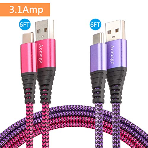 Product Cover Aomago USB 2.0 Type C Cable, Fast Charging 2 Pack 6FT USB C to USB A Durable 3.1A Nylon Braided Charger Data Transfer Cord Compatible for Samsung Galaxy S10 S9 S8, Note 9 8, Pixel, LG, Nintendo Switch
