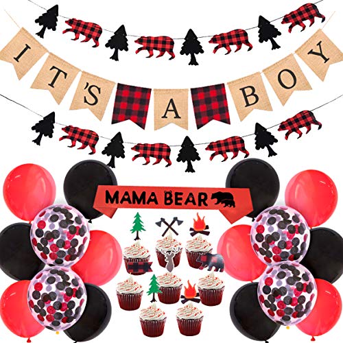 Product Cover KREATWOW Lumberjack Baby Shower Decorations for Boy Buffalo Plaid Baby Shower Supplies with Lumberjack Banner Garland Cupcake Toppers Mama Bear Sash