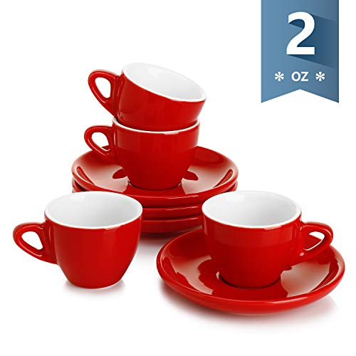 Product Cover Sweese 401.104 Porcelain Espresso Cups with Saucers - 2 Ounce - Set of 4, Red
