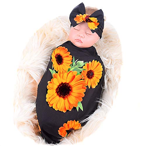 Product Cover Galabloomer Newborn Receiving Blanket Headband Set Flower Print Baby Swaddle Receiving Blankets Sunflower Heart