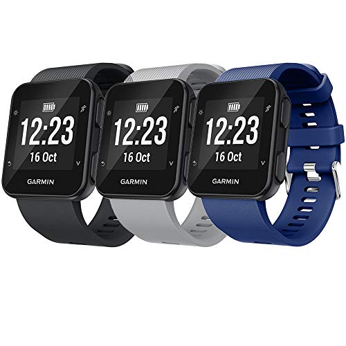 Product Cover QGHXO Band for Garmin Forerunner 35, Soft Silicone Replacement Watch Band Strap for Garmin Forerunner 35 Smart Watch, Fit 5.11 inches-9.05 inches (130mm-230mm) Wrist (A: Gray&Navy&Black)