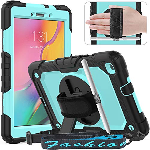 Product Cover Timecity Tablet Case for Samsung Galaxy Tab A 8.0 (Only Fit SM-T290/T295/T297 2019 Release), Samsung Tablet Case Protector with Rotating Stand Screen Protector Handle Shoulder Strap, Black/Light Blue