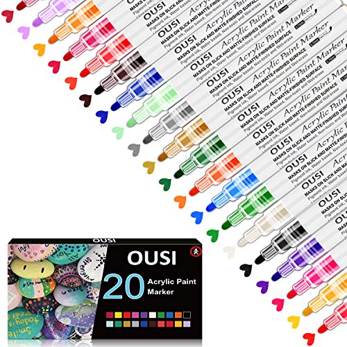 Product Cover Acrylic Paint Marker Pens, OUSI 20 Paint Markers for Kids Adults Paint Pens for Rocks Painting Canvas Photo Album DIY Craft School Project Glass Ceramic Wood Metal Water Based Extra Fine Tip