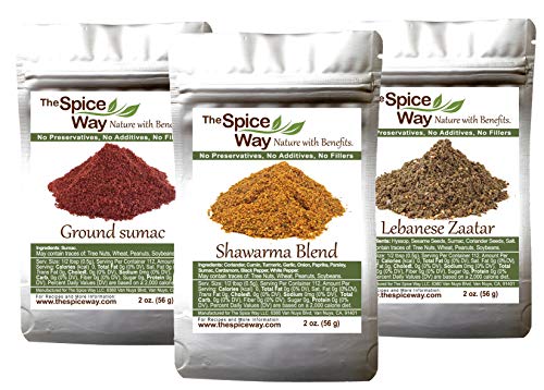 Product Cover The Spice Way Middle Eastern Bundle - Shawarma Seasoning, Pure Sumac and Lebanese Zaatar with hyssop brings you flavors from the Middle East (3 packs 2 oz each)