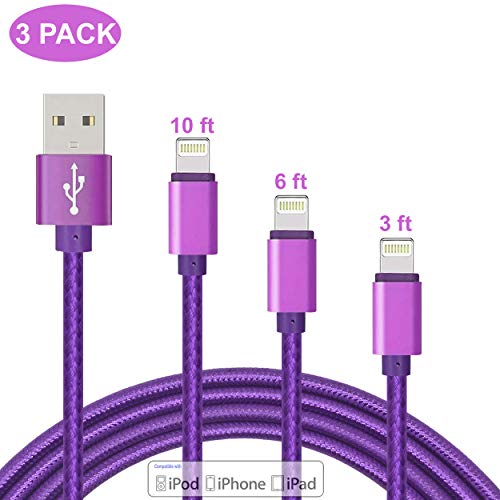 Product Cover ZHONGXING Phone Charger Cable 3 Pack(3 Feet 6 Ft 10 Foot) Nylon Braided Cord USB Fast Charging Cables,Compatible for Phone 11 Pro Max/Phone Xs Max/XR/X/ 6/6s Plus/7/7Plus/i8 Plus Air Pod - Purple