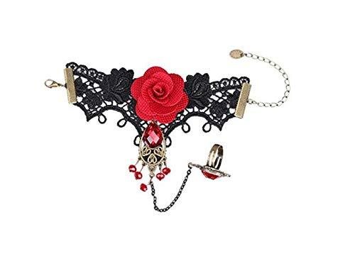 Product Cover YBpineer Vintage Lace Red Rose Bracelet, Red Rhinestone Rose Lace Bracelet Retro Gothic Style Vampire Slave Bangle Fancy Hand Chain Costume