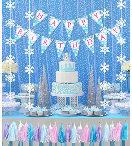 Product Cover Frozen Party Supplies Winter Wonderland Onederland Theme Birthday Decoration Backdrop Snowflake Hanging Decorations, Birthday Banner and Tassel Garland Set for 1st 2 3 4 5 6 Years Old boy Girl Party