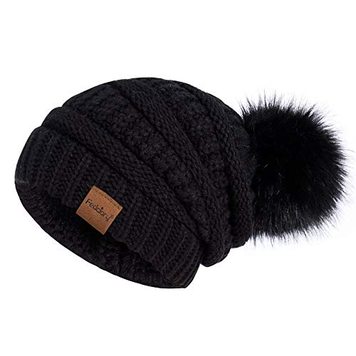 Product Cover Womens Winter Slouchy Beanie Hat, Knit Warm Fleece Lined Thick Thermal Soft Ski Cap with Pom Pom (Black)