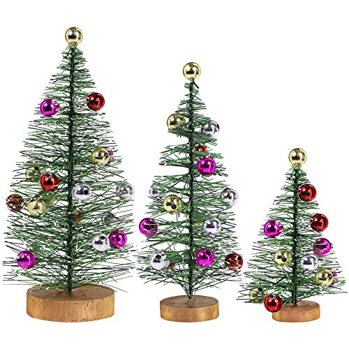 Product Cover 3 Pack Frosted Green Bottle Brush Trees with Metallic Bead Ornaments Artificial Mini Pine Trees Tabletop Christmas Trees on Wood Stand for Vintage Holiday Décor Winter Miniature Village Assorted Sizes