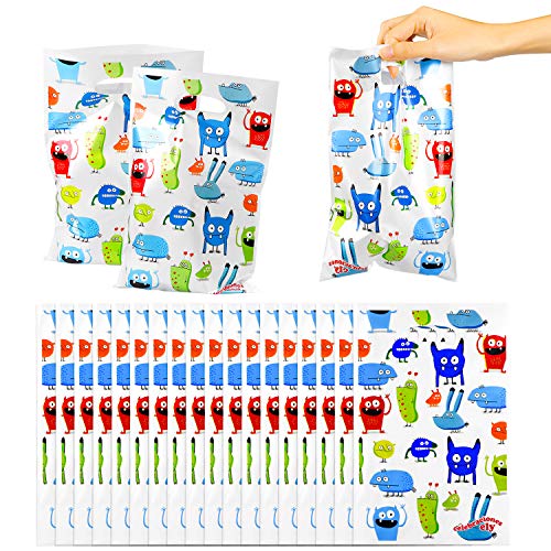 Product Cover PANTIDE 50Pcs Monster Themed Plastic Party Favor Bags, Monster Goodie Candy Treat Bags, Monster Party Supplies for Baby Shower Birthday Party Thanksgiving Day