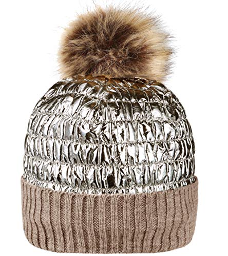Product Cover Oalka Winter Knit Hats for Women Thick Pom Pom Metallic Shiny Beanies Ski Cap Tan