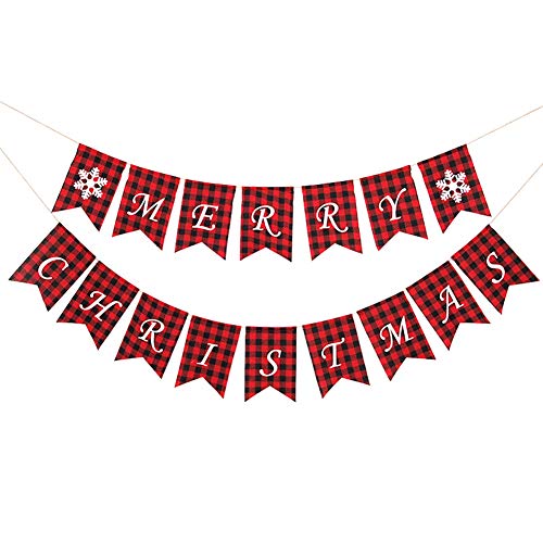 Product Cover DesirePath Merry Christmas Banner with Burlap Red and Black Buffalo Plaid Hanging Ornaments for Fireplace Wall Christmas Tree Decorations