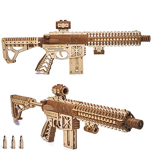 Product Cover Wood Trick Assault Rifle Gun Model Kit for Adults and Kids - with Telescoping Butt, Fuse, Sight and Clip for 12 Rounds - Very Detailed Construction - 23x8″ - 3D Wooden Puzzle - 14+