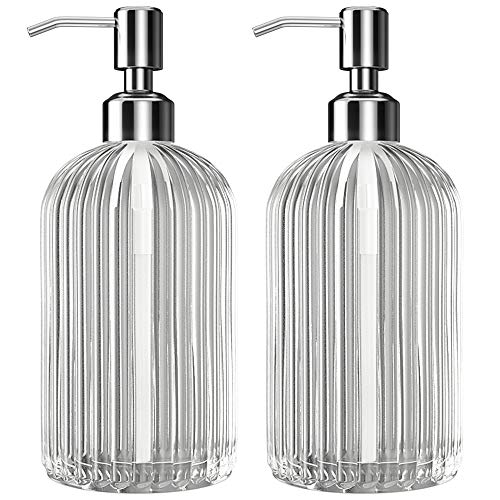 Product Cover Kolyes Soap Dispenser, 18 Oz Clear Vertical Striped Glass Refillable Premium Hand Soap Dispensers; with 304 Rust Proof Stainless Steel Pump, for Bathroom, Kitchen, Lotions- 2 Pack