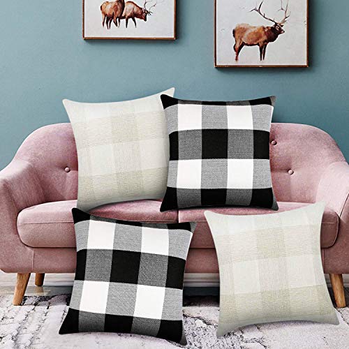 Product Cover Miclotus Set of 4 Christmas Buffalo Check Plaid Throw Pillow Covers 18x18 Inches Winter Holiday Cotton Linen Decorative Square Pillow Covers Cushion Case for Farmhouse Home Decor,Black and White