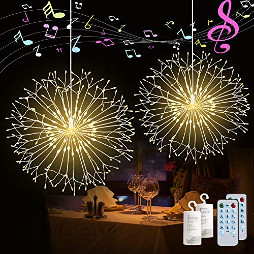 Product Cover 2 Pack Firework String Lights 120 LED Copper Wire Firework Lights DIY Dandelion Hanging Starburst Light Music Control 12 Modes Waterproof Wire Light for Christmas, Home, Indoor Outdoor Decoration