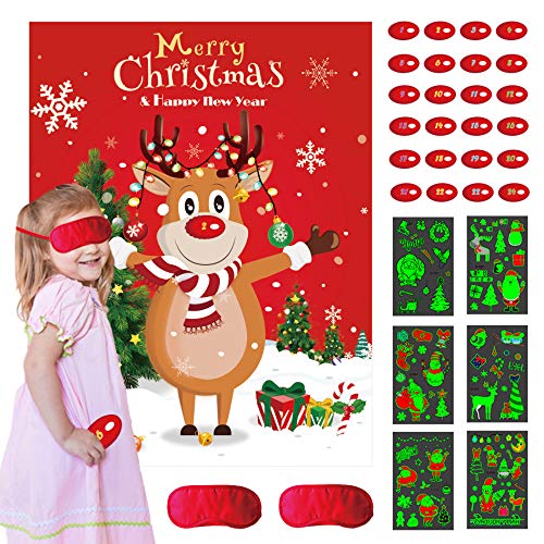 Product Cover Konsait Pin The Nose on The Reindeer Reusable Christmas Holiday Party Game Xmas Activities with Blindfold Glow in The Dark Tattoos Xmas Gift New Year Decoration Christmas Party Favor Supplies