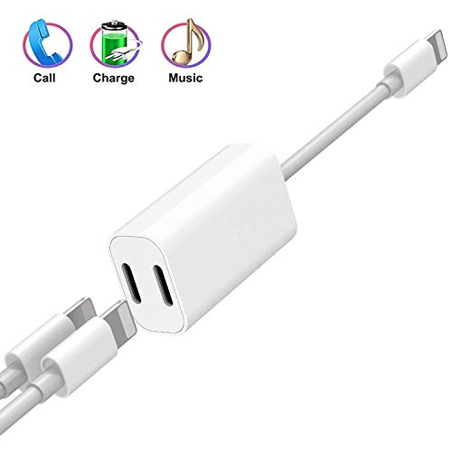 Product Cover (Apple MFi Certified) Dual Lightning Splitter Adapter Compatible with iPhone X Xs Max Xr 7 8 Plus Ipad Ipad Pro, Dual Adapter for Headphone Jack Audio + Charge + Sync + Music Control Support iOS 13
