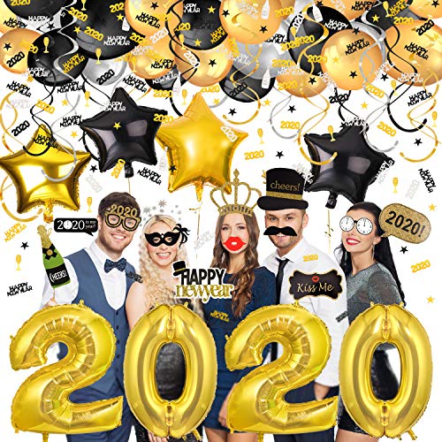 Product Cover Konsait 2020 New Years Balloons Decoration, 40Inch Number 2020 Balloons, Mylar Latex Balloon, Hanging Swirls, Confetti,Photo Booth Props for 2020 NYE Christmas New Years Eve Party Decor Supplies