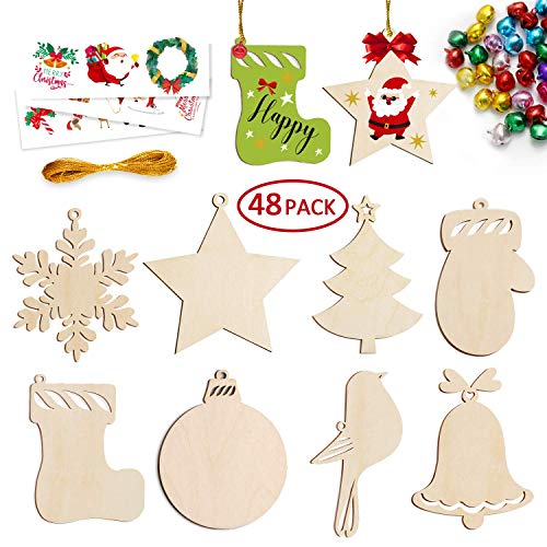 Product Cover 100 Christmas Wooden Ornaments 48pcs Slices 50 Bells 3 Sheet Stickers 65.6ft Cord 8 Different Shapes Unfinished DIY Crafts Kit