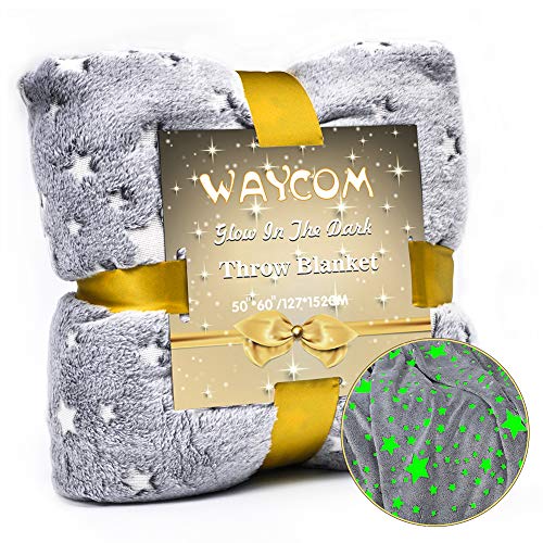 Product Cover WAYCOM Glow in The Dark Throw Blanket,Super Soft Stars Pattern Flannel Blanket Star Shining Luminous Blanket Christmas Fun Gift for Girls Boys Kids 60''x50''
