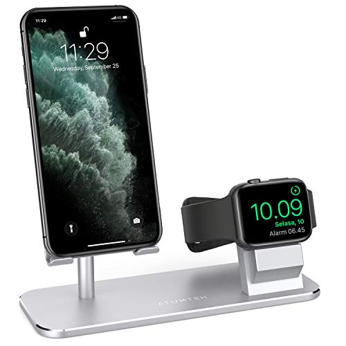 Product Cover ATUMTEK 2 in 1 Cell Phone Holder, Stand Charging Dock Compatible with Apple Watch, Solid Adjustable Cell Phone Stand for iPhone, Apple Watch Series 4/3/2/1/44/42/40/38mm, iPad and Smartphones