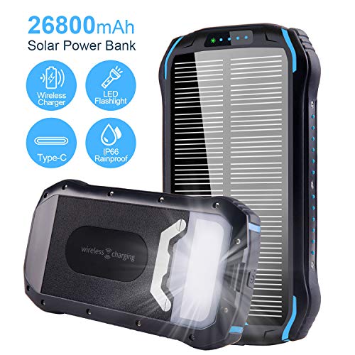 Product Cover Solar Charger 26800mAh Qi Wireless Portable Solar Power Bank External Backup Battery with 3 Outputs & 2 Inputs Huge Capacity Phone Charger for Smartphones, 18LED Flashlights for Hiking Outdoor Camping