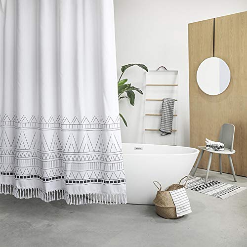 Product Cover YoKii Fabeic Stall Shower Curtain with Tassels, 36 Inch Boho Chevron Striped Single Bathroom Shower Curtains Set (36 x 72, Nordic Chic)