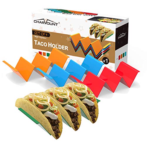 Product Cover CHARMOUNT Taco Holder Stand Set of 4 Taco Rack Holders - Premium Taco Shell Holder Stand on Table with Handle, Hold 2 or 3 Hard or Soft Shell Tacos, Dishwasher & Microwave Safe