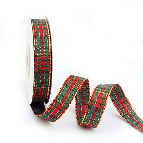 Product Cover Christmas Plaid Checkered Ribbon 25 Yard Each Roll 100% Polyester Woven Edge Gingham RibbonFor Christmas Crafts, Gift Wrapping Red/Green/Gold (Special design3/8 Inch(16mm))