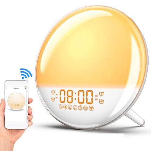 Product Cover Sunrise Alarm Clock Wake Up Light, Smart WiFi Sunset Simulation Digital LED Clock Supports APP Control with FM Radio,4 Alarms,7 Alarm Sounds, Snooze Function,20 Brightness,7 Colors Bedside Night Light