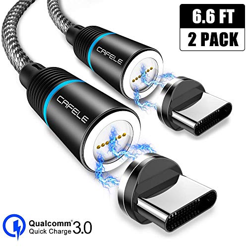 Product Cover Magnetic Type c Cable, CAFELE 2 Pack 6.6ft Magnetic USB C Cable with Led Light, Support QC 3.0 Fast Charging & Data Transfer, Nylon Braided Magnet Phone Charger Cord for Type C Devices - Black