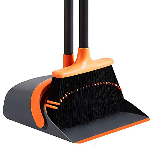 Product Cover SANGFOR Dustpan and Broom Set Broom and Dustpan Set Upright Stand Up Dustpan Broom Combo with Long Handle for Home Kitchen Room Office Lobby Floor Use (Orange)