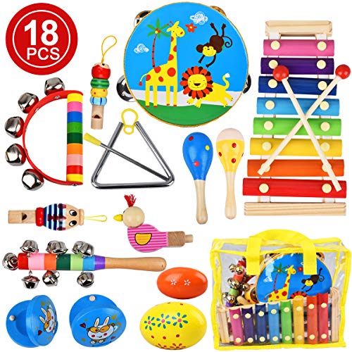 Product Cover Villana Musical Instruments Toys for Toddler, 18Pcs Kids Musical Wooden Percussion Instruments with Storage Bag, Tambourine, Xylophone, Maracas, Castanets Preschool Educational Learning Toys for Kids