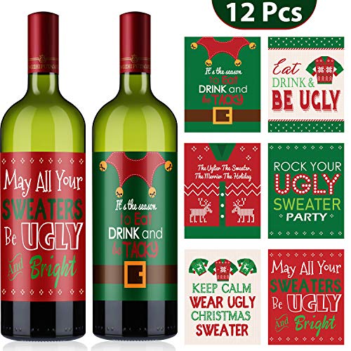 Product Cover 12 Pieces Christmas Party Wine Bottle Decorations, Christmas Wine Bottle Label Stickers Xmas Wine Bottle Cover Gift Set for Christmas Party Decor Supplies, 6 Styles (Ugly Sweater Style)