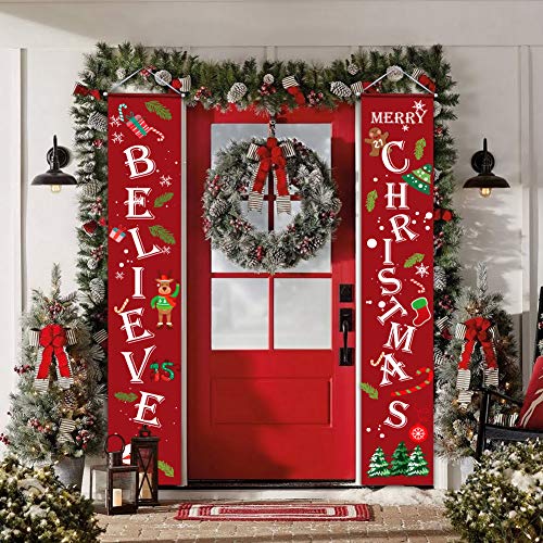 Product Cover Christmas Decorations Outdoor Indoor,Believe and Merry Christmas Banner,Christmas Porch Sign for Home Wall Door Apartment Party,Durable Christmas Decor