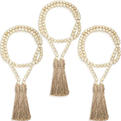 Product Cover 3 Pieces Wood Bead Garlands Rustic Bead Garlands Wooden Garland Beads with Tassels 3.7 Feet Farmhouse Bead Tassel Hanging Garland for Valentine's Day Wedding Home Decoration