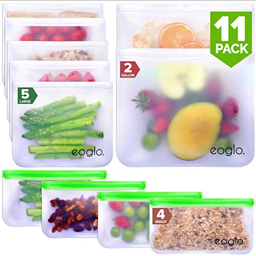 Product Cover eoglo Reusable Storage Bags (11 Pack) | To Go + Store + Freeze | Lunch Sandwiches | Kids Food | Snacks and Fruits | Travel Toiletries | EXTRA THICK | LeakProof | Resealable | BPA Free