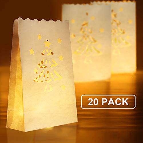 Product Cover Beichi 20 Pack Luminary Bags, Christmas Tree Design Candle Bags, Flame Resistant Light Holder, Candleholders Decorations for Wedding, Halloween, Birthday, New Year and Event Occasion, White