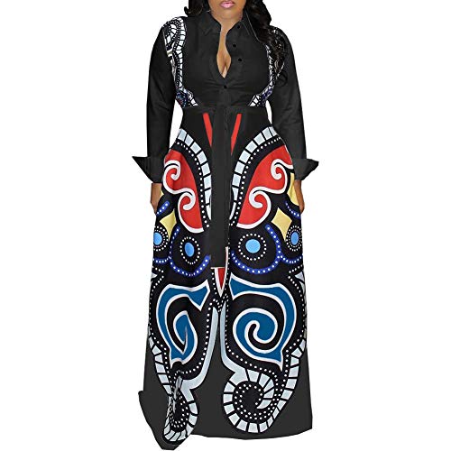 Product Cover Womens African Dresses Long Sleeve - Elegant Sexy Floral Button Down Bohemian Holiday Bodycon Long Maxi Dress